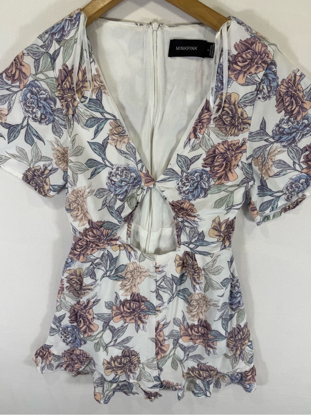 MINKPINK White Floral Tie-Front Romper with Pastel Blooms